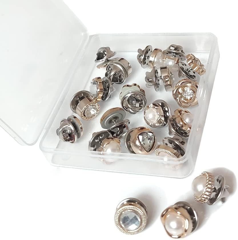 20Pcs Pearl Rhinestone Shirt Brooch Buttons No Sew Safety Pins for Women