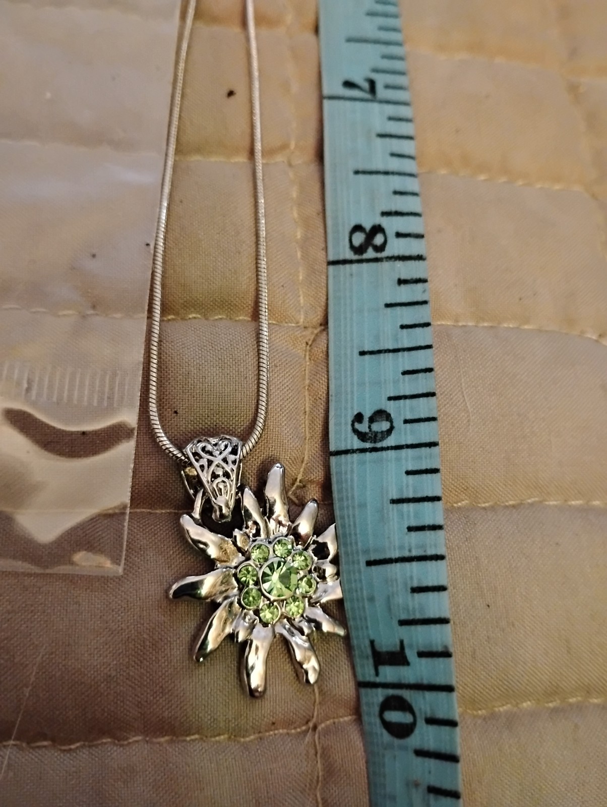 Fashion Jewelry.Germany, Edelweiss charm, green crystals, Silver color