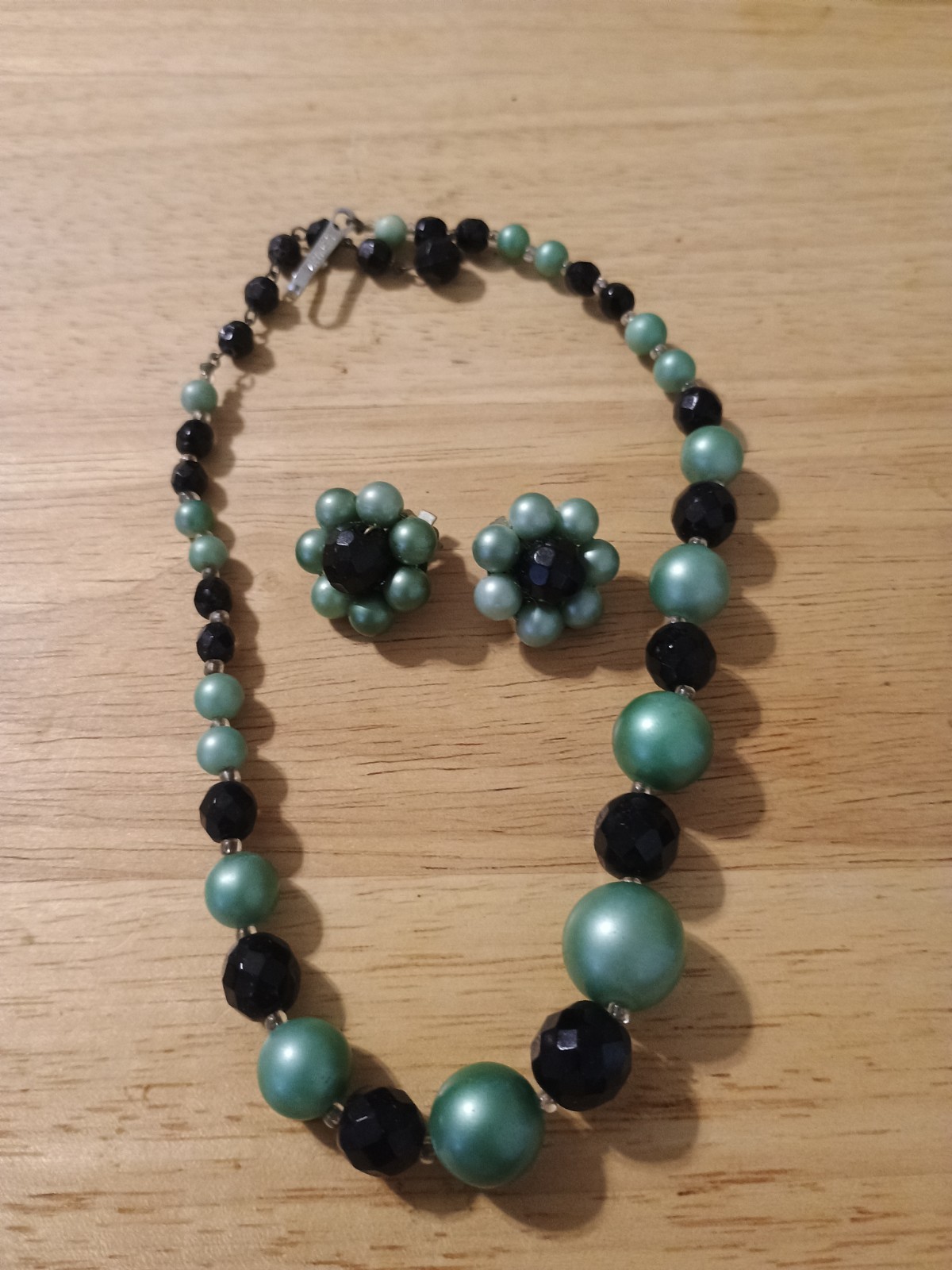 Germany Green & Black Glass Beaded Necklace & Clip-On Earrings Set Signed