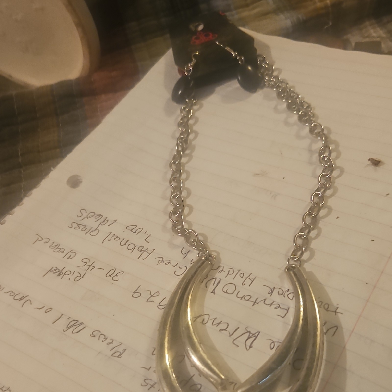 Silver Tone Cable Chain Necklace w/ Crescent Pendant & Black Beads Paparassi