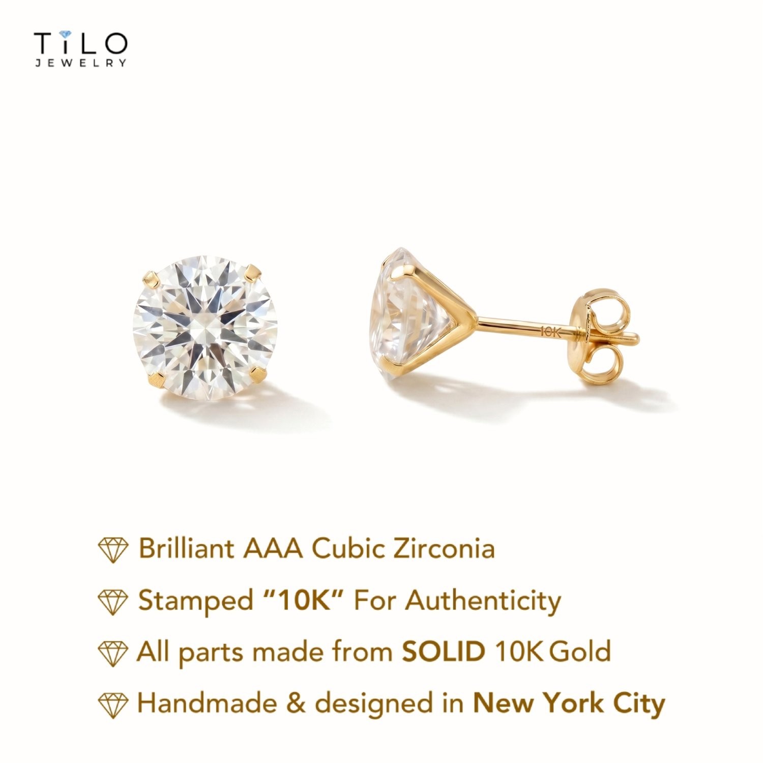 10K Real Solid Gold Solitaire Round CZ Studs Earrings Push-back Stamping 2mm-8mm