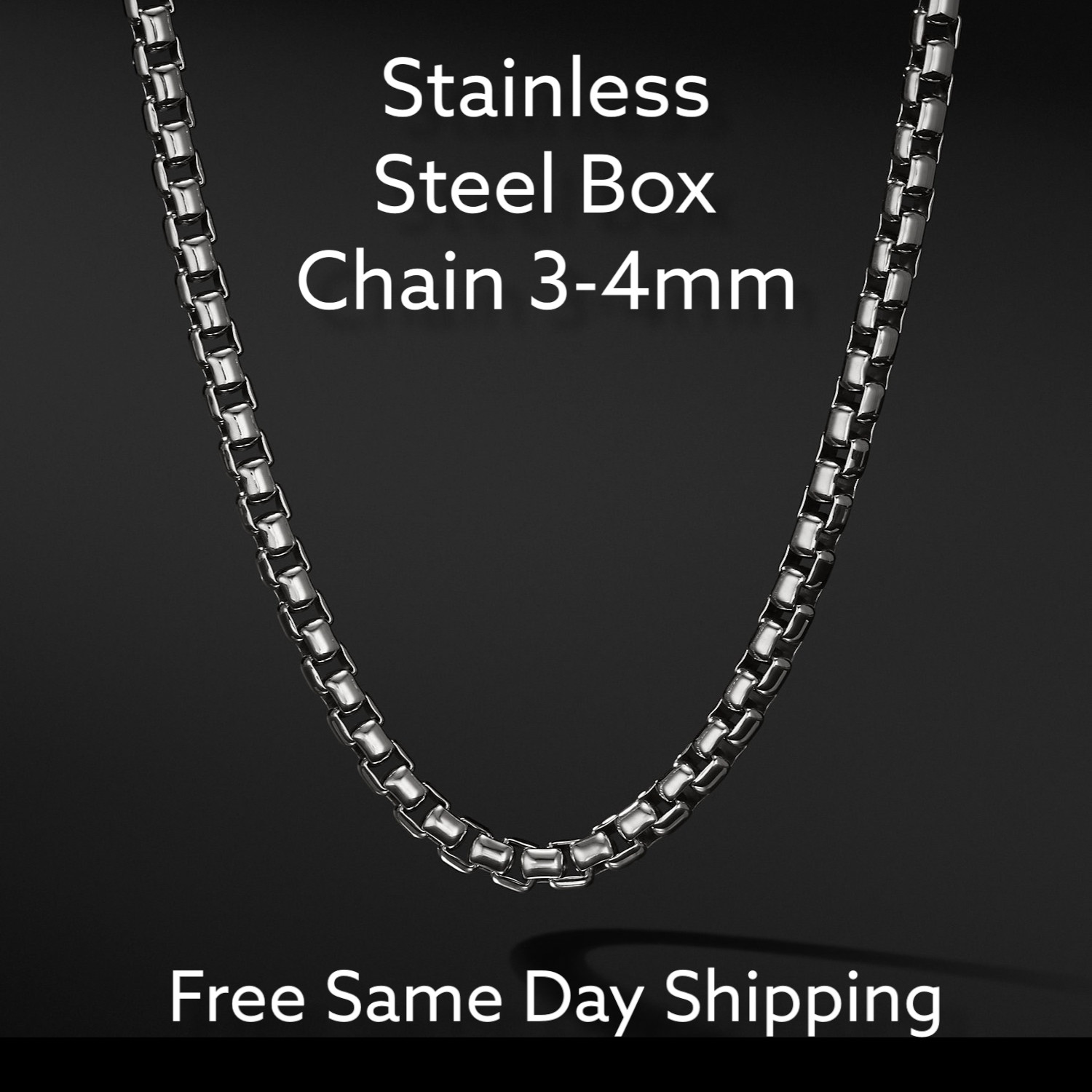 Stainless Steel Box Chain 3,4mm Size 21.5in Unisex, Hip Hop Jewelry Women, Men