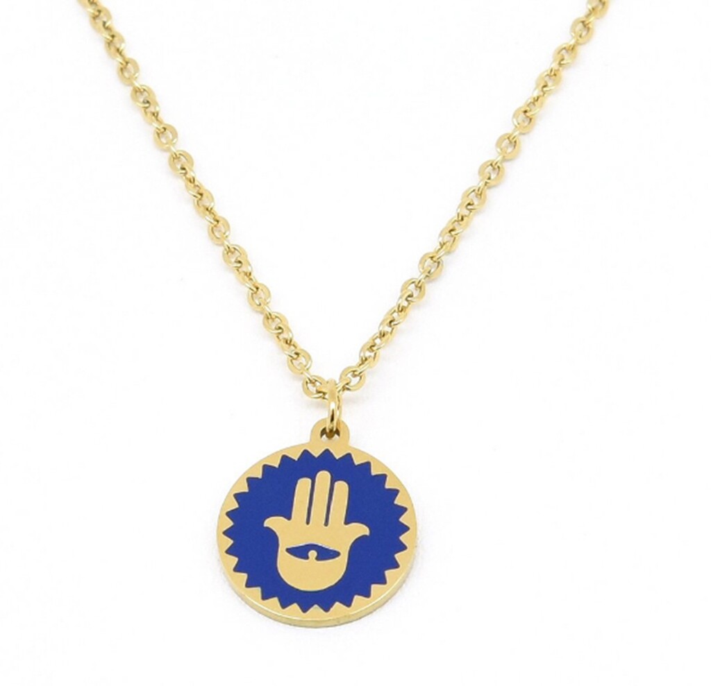 Gold Plated Titanium Stainless Steel Enamel Hamsa Hand of Fatima necklace 18-20″