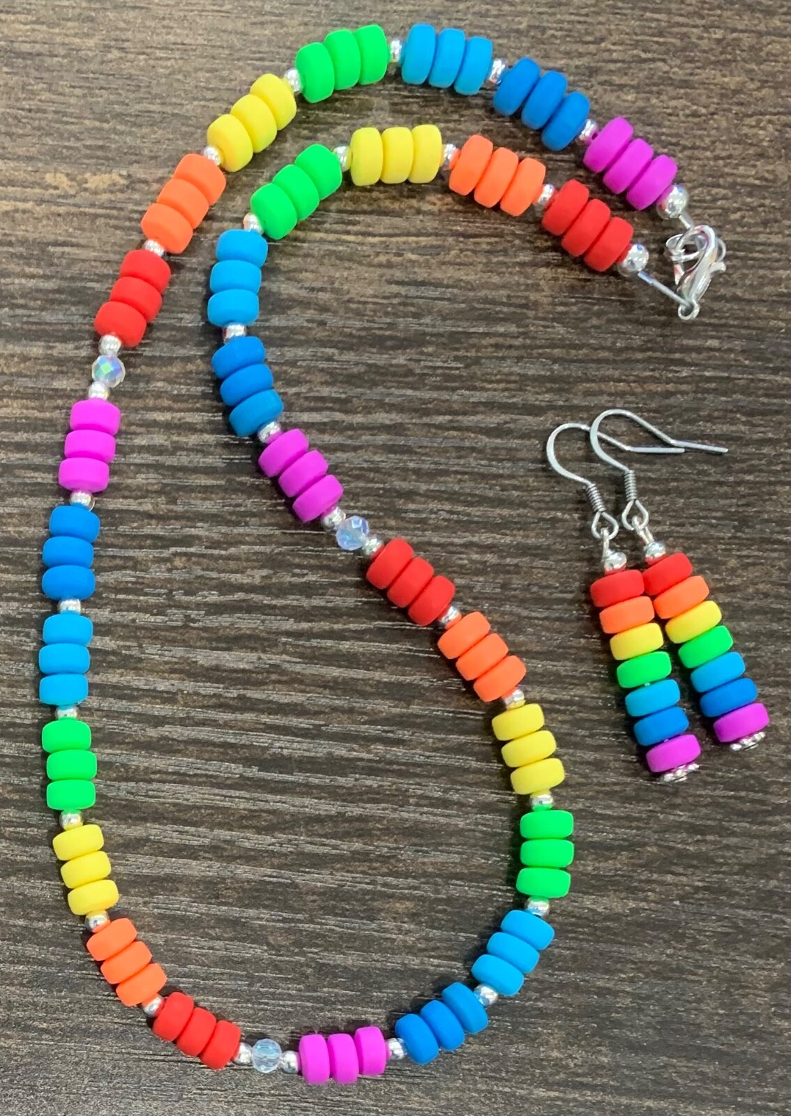 17″ Rainbow Color Polymer Clay Bead Necklace and Earring Set