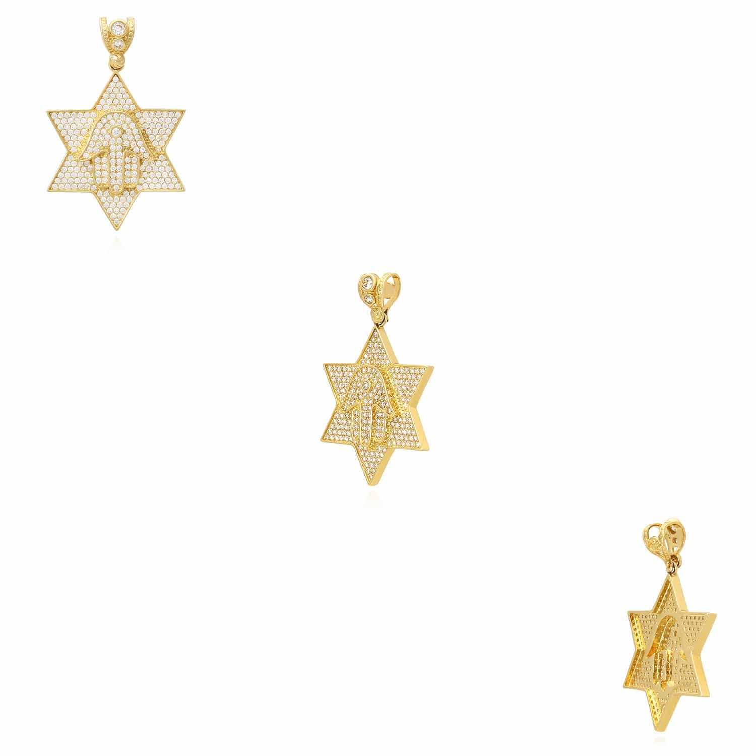 14K Yellow Gold Simulated Diamond Pave Star David Hamsa Hand Charm Pendant 1.8″