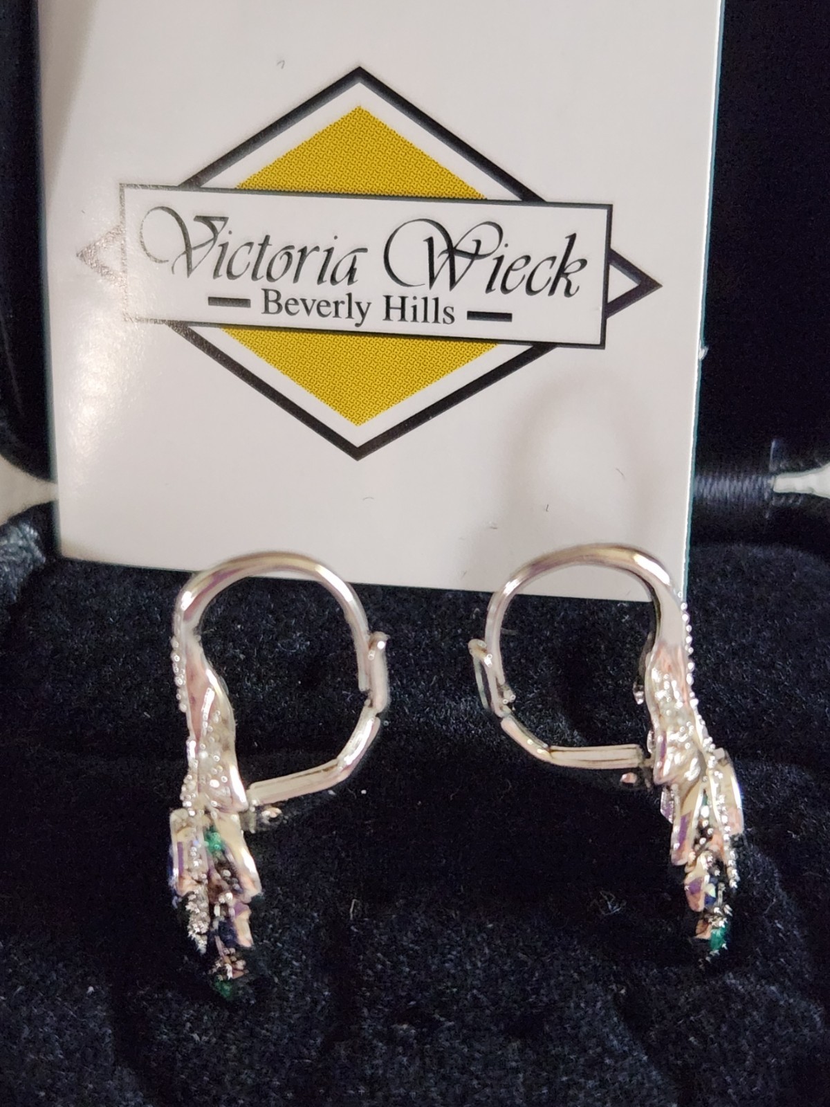 Vintage Victoria Wieck Peacock Feather Simulated Tanzanite Earrings 925 NEW