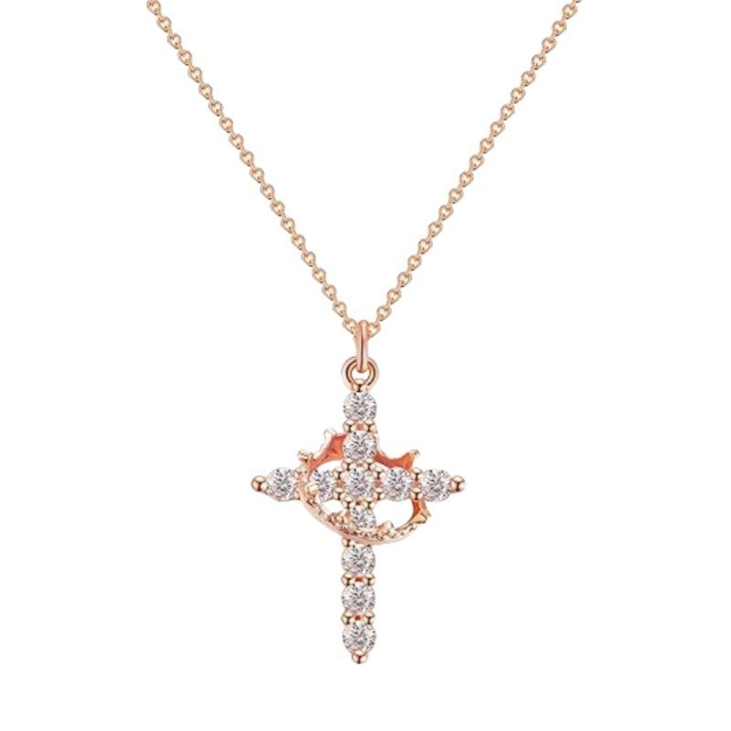 Trendy Crown Cross Necklace for Women Gold Plated Pendant with Cubic Zirconia