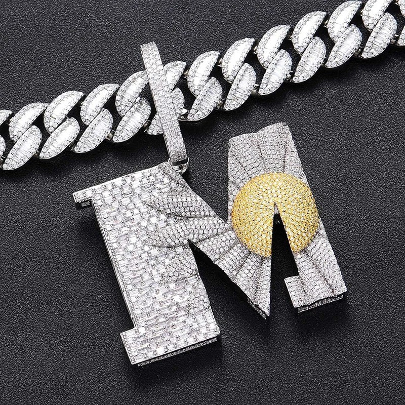 Hip Hop Bling Iced Big Daisy Flower Letter M CZ Pendant Necklace Fashion Jewelry