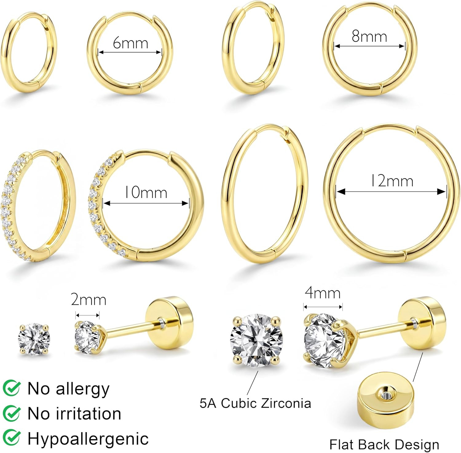 Small Gold Huggie Hoop Stud Earrings Set for Women Stack, Flat Back 316L Hypoall