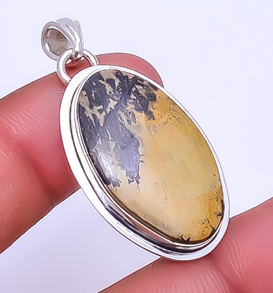 Honey Dendritic Opal – Mexico Gemstone 925 Sterling Silver Pendant 1.83″ P40