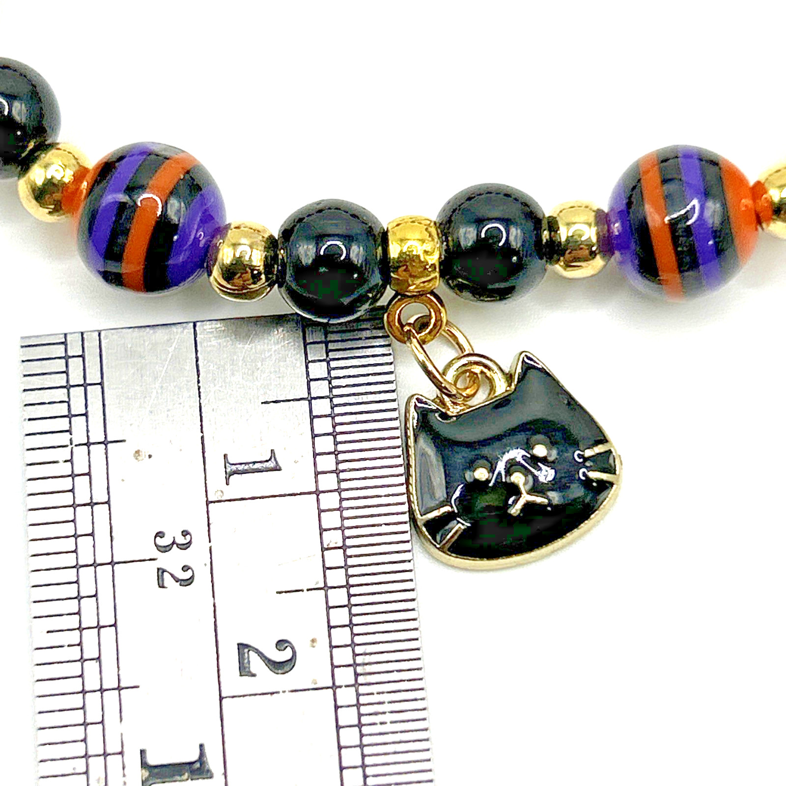 Halloween Black Cat Charm Beaded Stretch Bracelet- 7.25″ w Orange Rhinestones