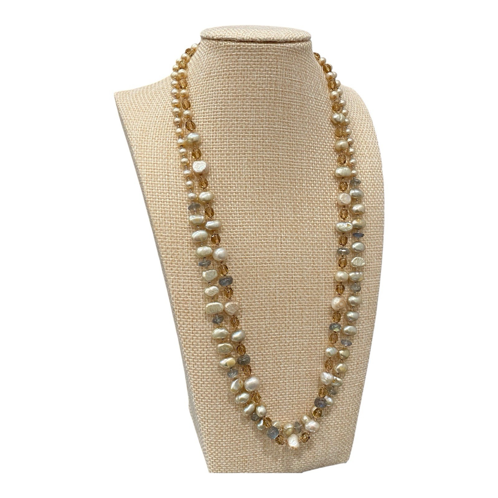 Vintage Artisan Pearl Citrine Multi Strand Necklace Sterling Silver Spiral Clasp
