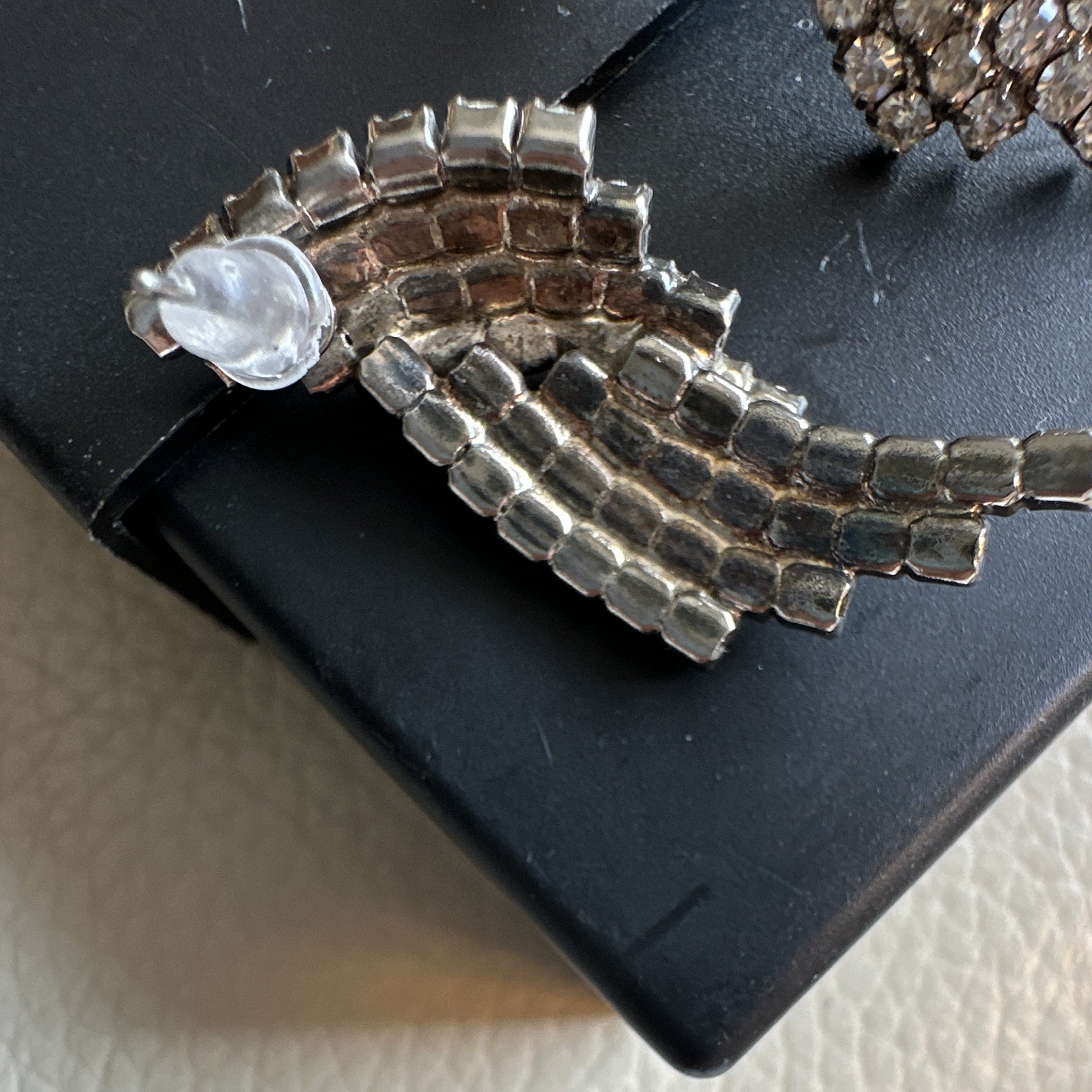 Silver Tone Clear Crystal Rhinestone Wing Ear Climber Stud Earrings, vintage
