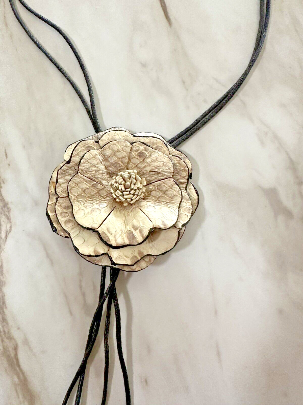 Off White Leather Flower Pendant Adjustable Long Cotton Black Cord Made in Bali