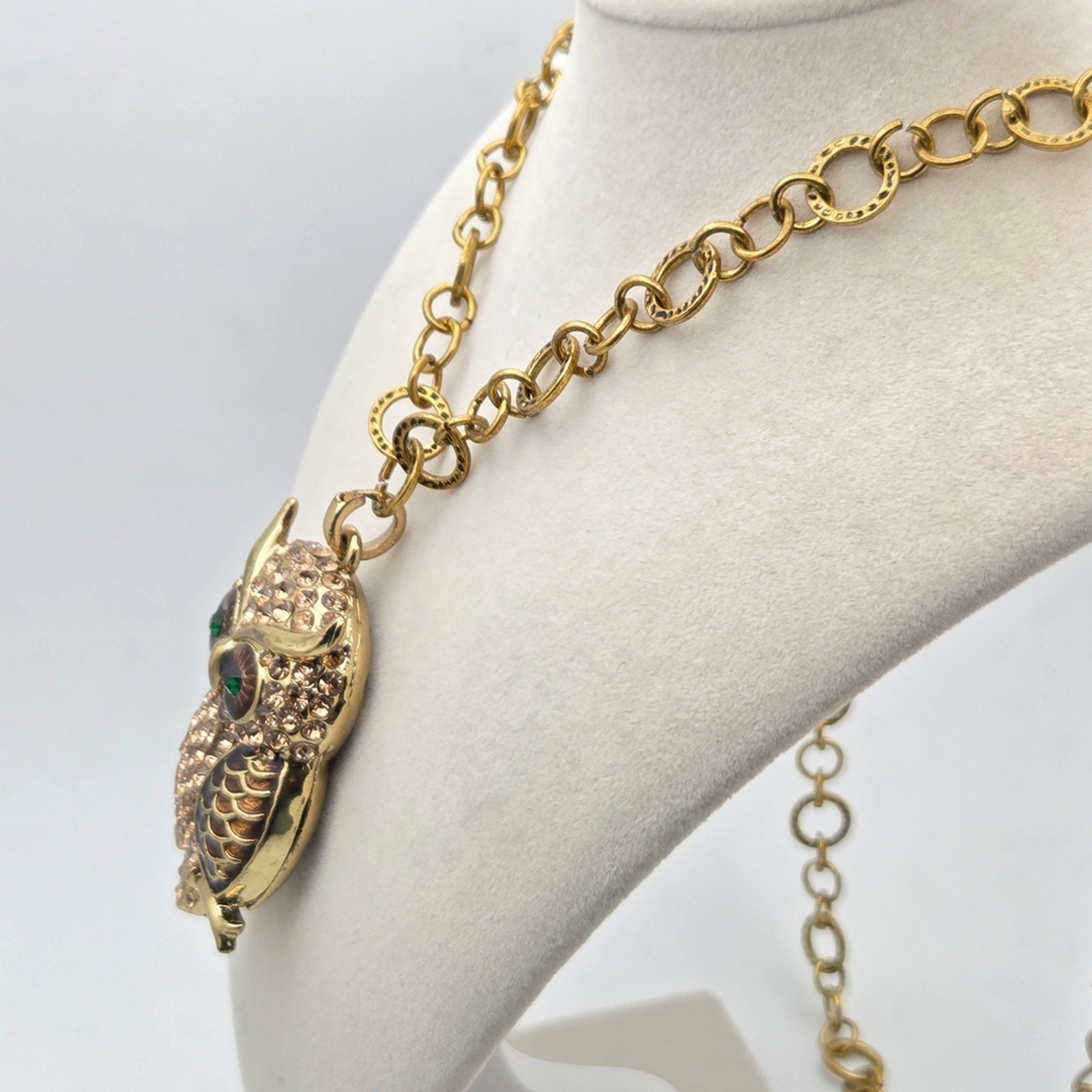 Vintage-Style Pave Crystal & Enamel Owl Statement Necklace