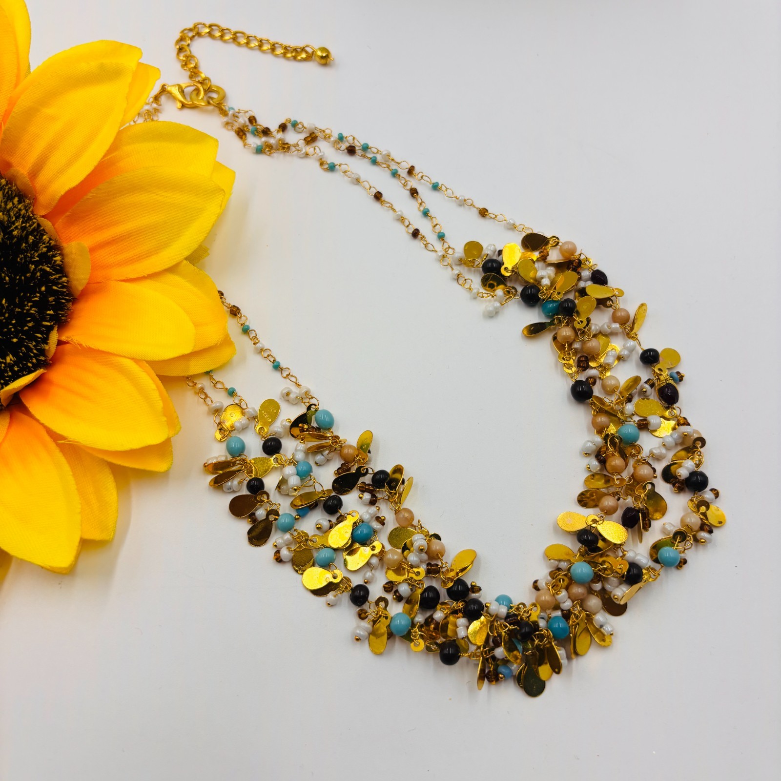 Gold Tone Beaded Statement Necklace Multicolor Charm Boho Ethnic Jewelry