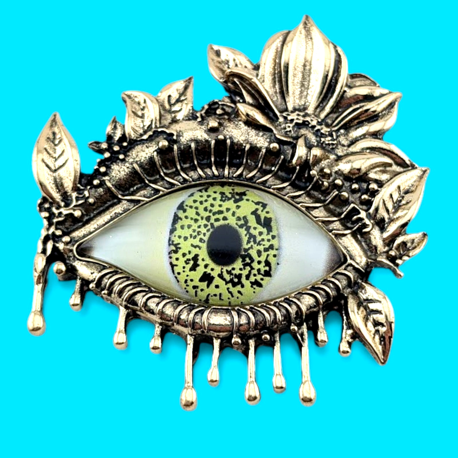 BOTANICAL MYSTIC EYE BROOCH goldtone green floral forest leaves evil A6