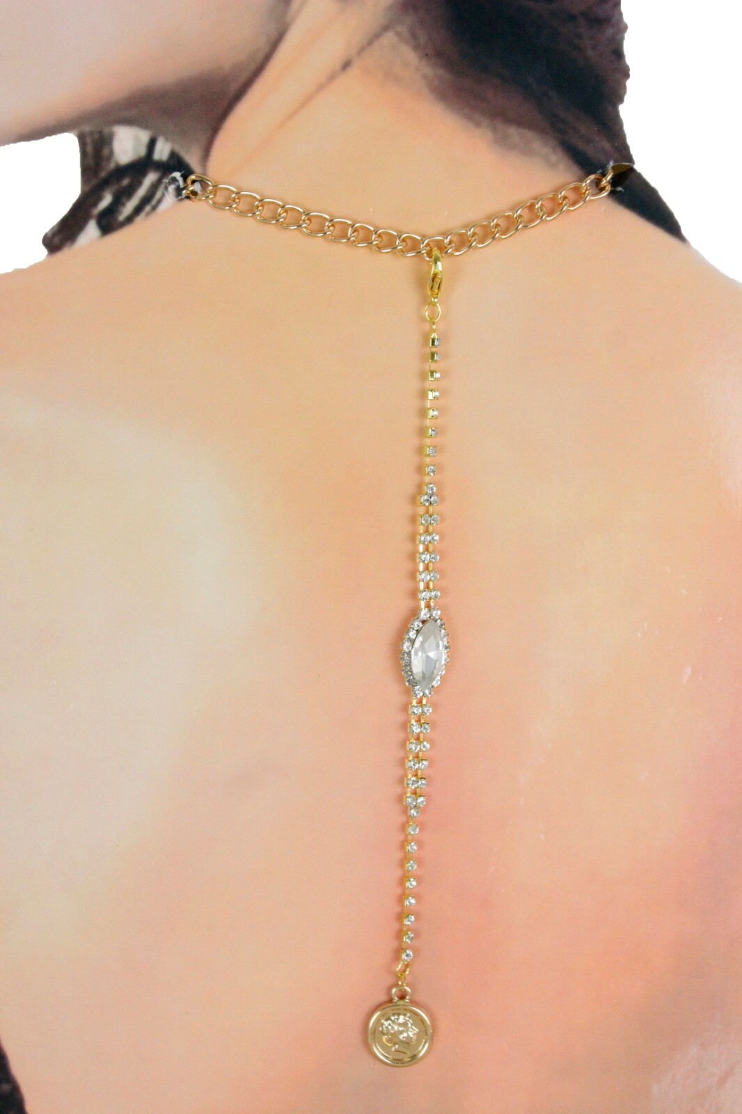 Women Open Back Dressy Long Necklace Pendant Gold Metal Chain Links Coin Charm