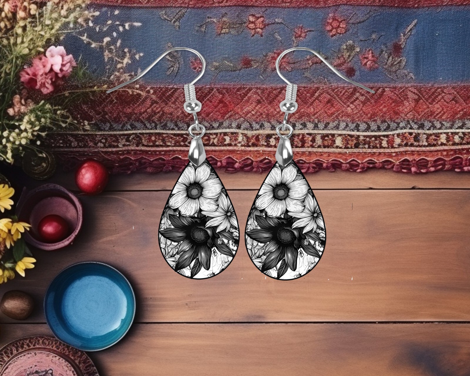 Black and White Floral Print Wood Dangle Teardrop Print Earrings Jewelry