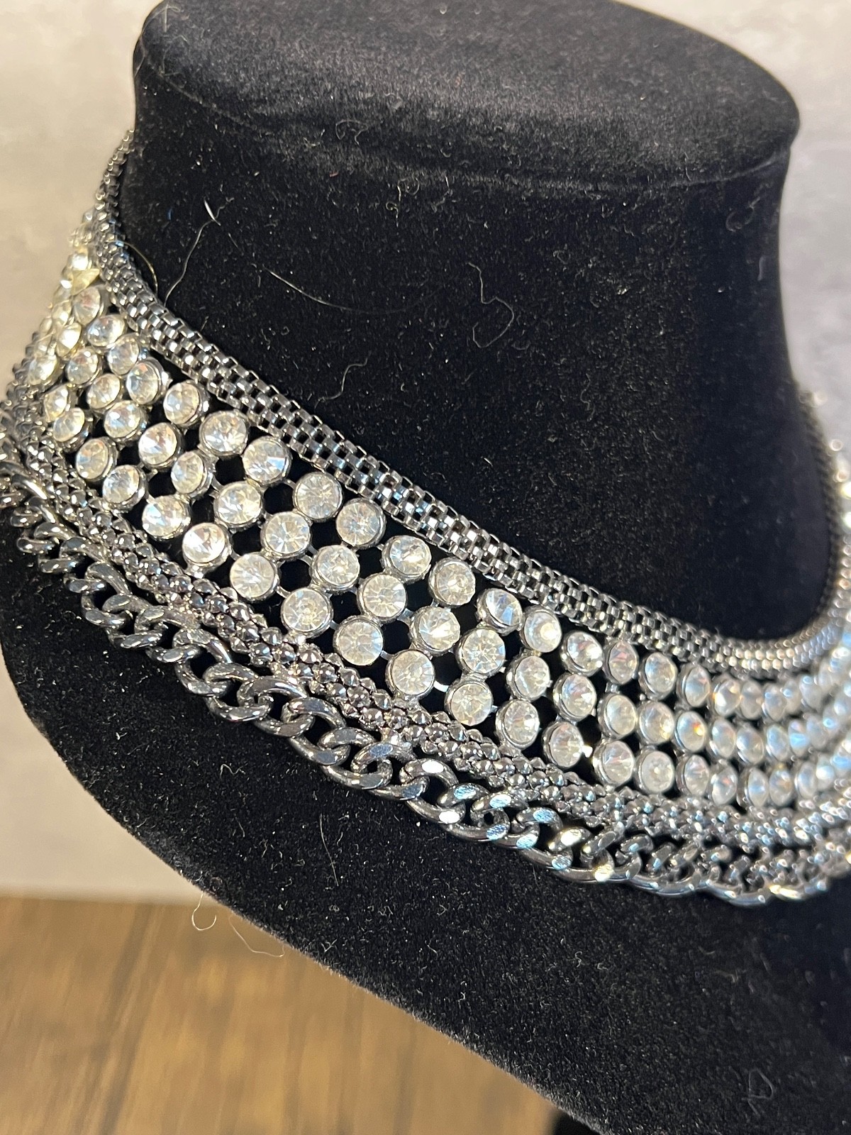 Cleopatra Collar Necklace Gun Metal with Clear Stones 17 Inches Lobster Claw #3