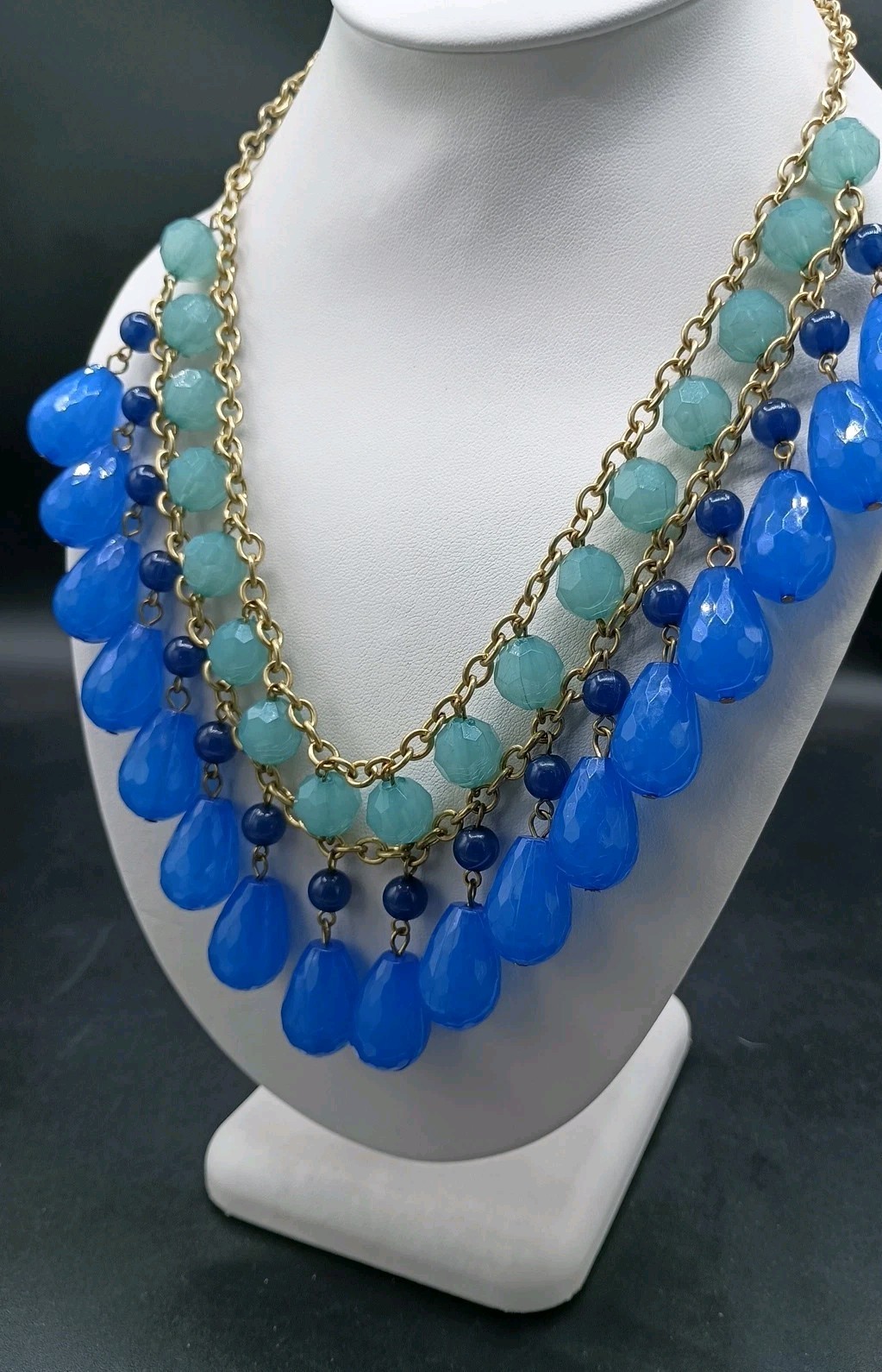 Blue Beaded Bib Necklace Faceted Dangle Gold Tone Chain 18″ Adjustable