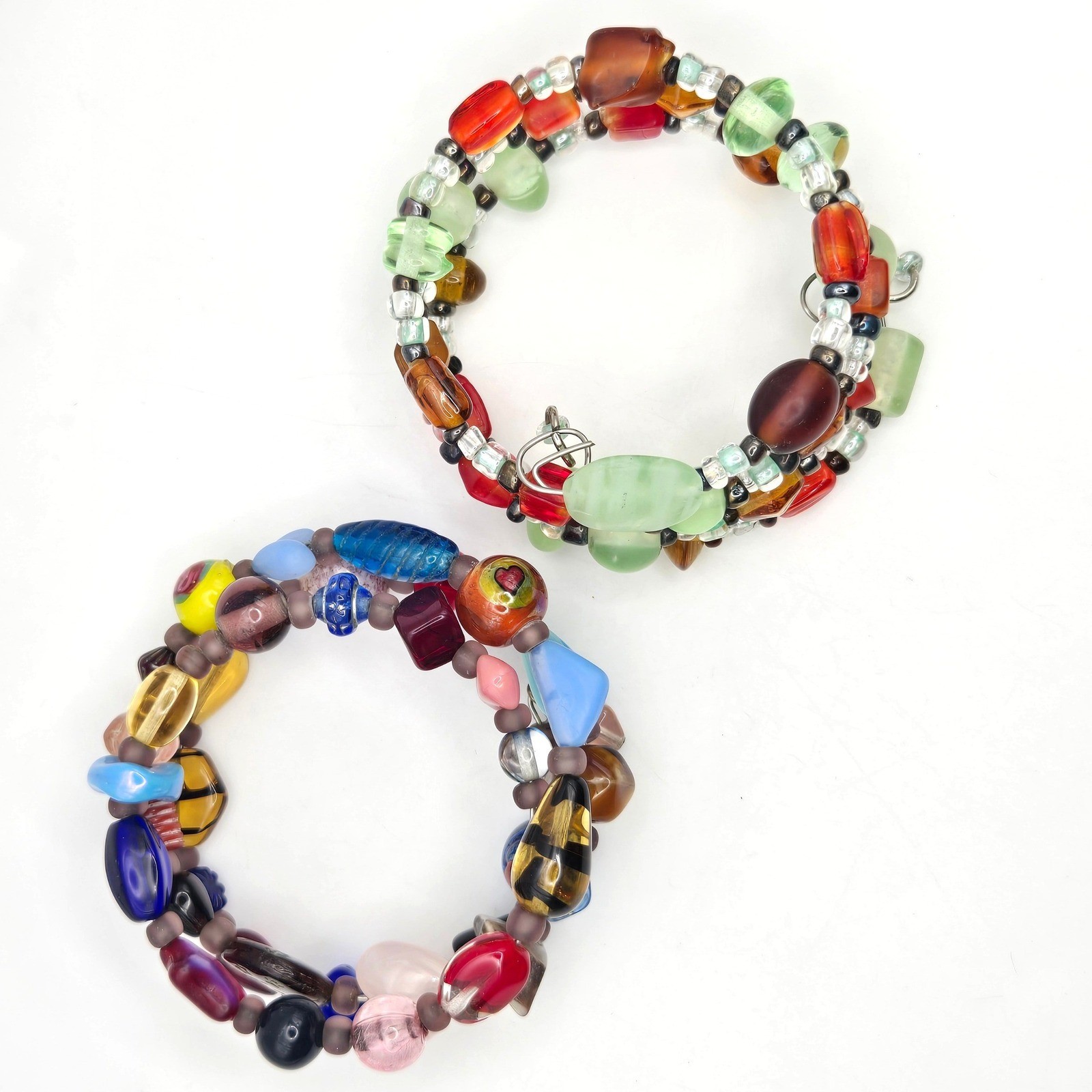 Set of 2 Multi Color Glass Bead Memory Wire Wrap Bracelets Boho Eclectic Style