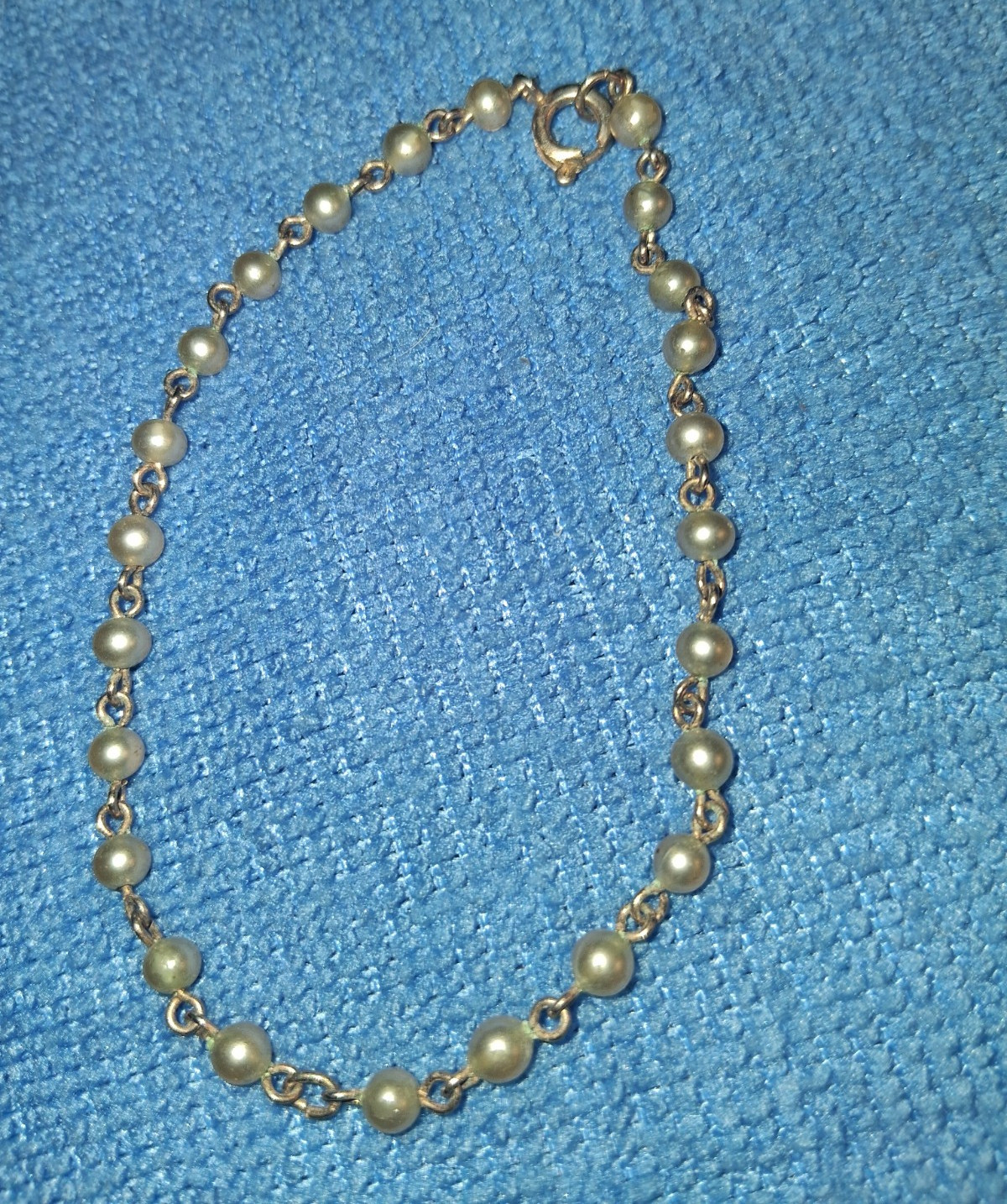 Silver Tone Rolo Link Chain Bracelet Imitation Pearl Beads Spring Ring Closure