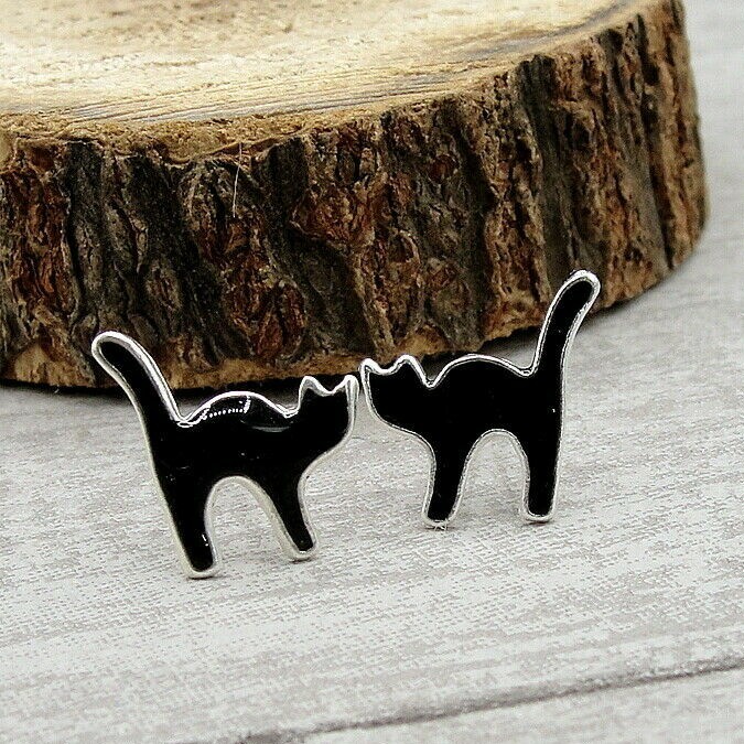 Black Cat Post Earrings – 925 Sterling Silver – Kitty Cat Halloween Studs NEW