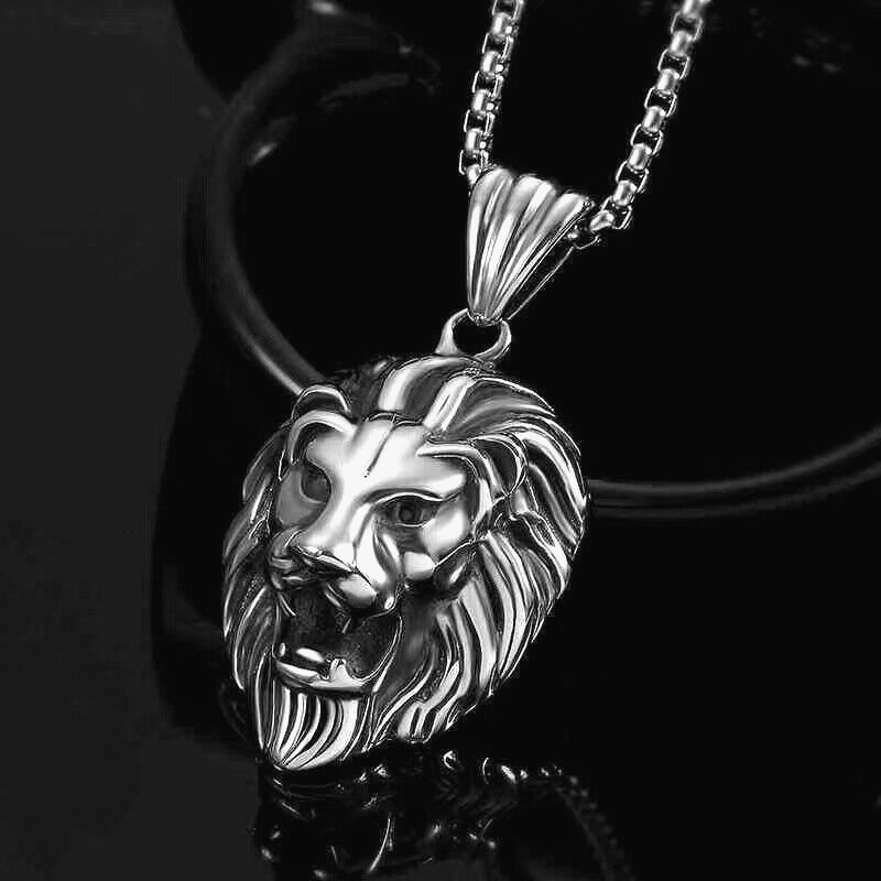 Silver Animal Lion King Head Pendant Necklace Chain 22″ Men’s Punk Jewelry Gift