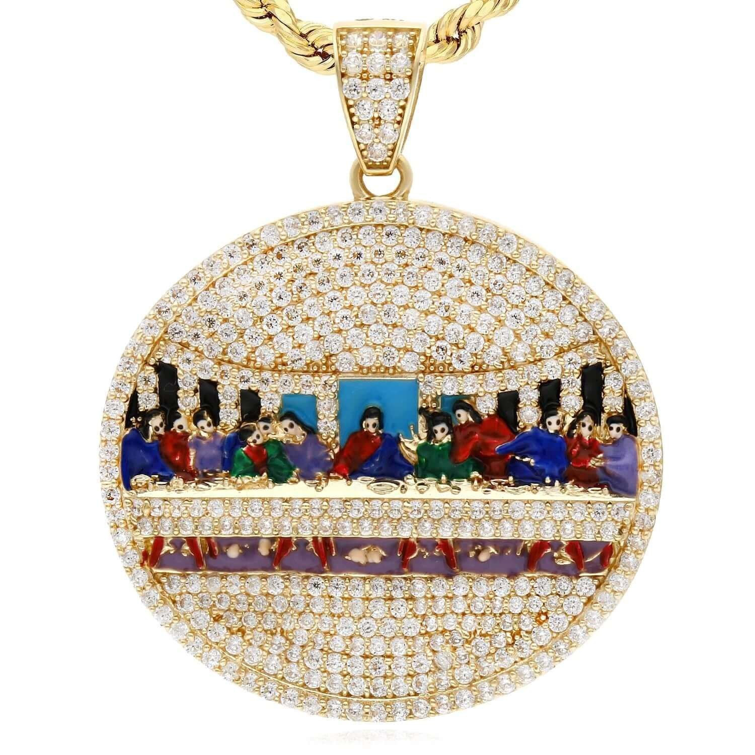 14K Gold 4CTW Stone Round Last Supper Pendant 1.77″
