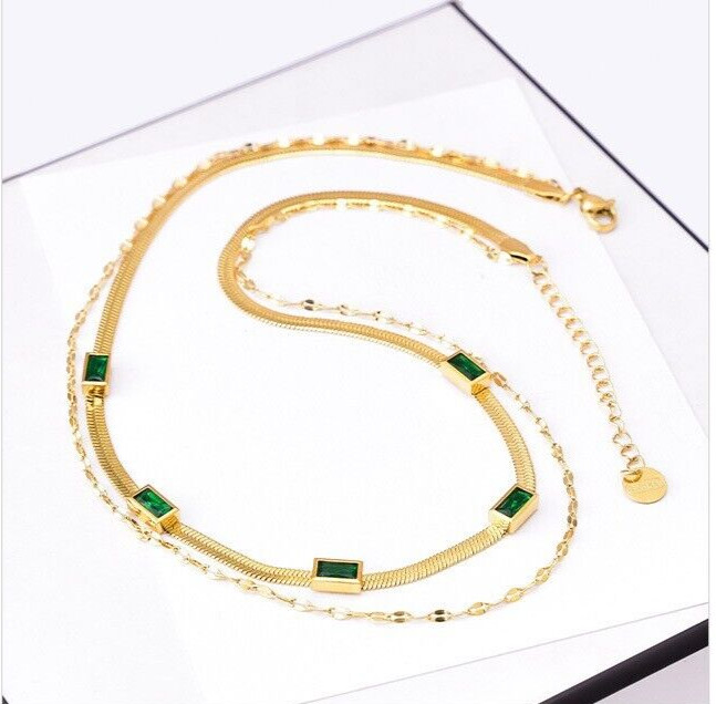 Vintage 18kgp Cubic Zircon Rectangular Double Layered Necklace