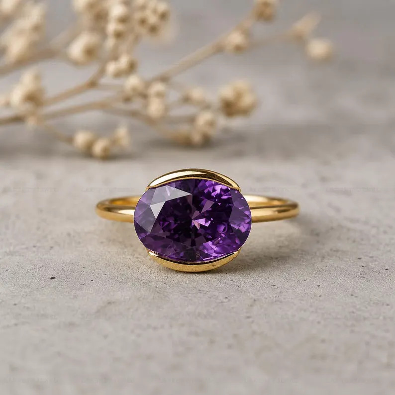 Amethyst Ring, Gold Alloy, Birthday Gift for Her, Women Jewelry Ring
