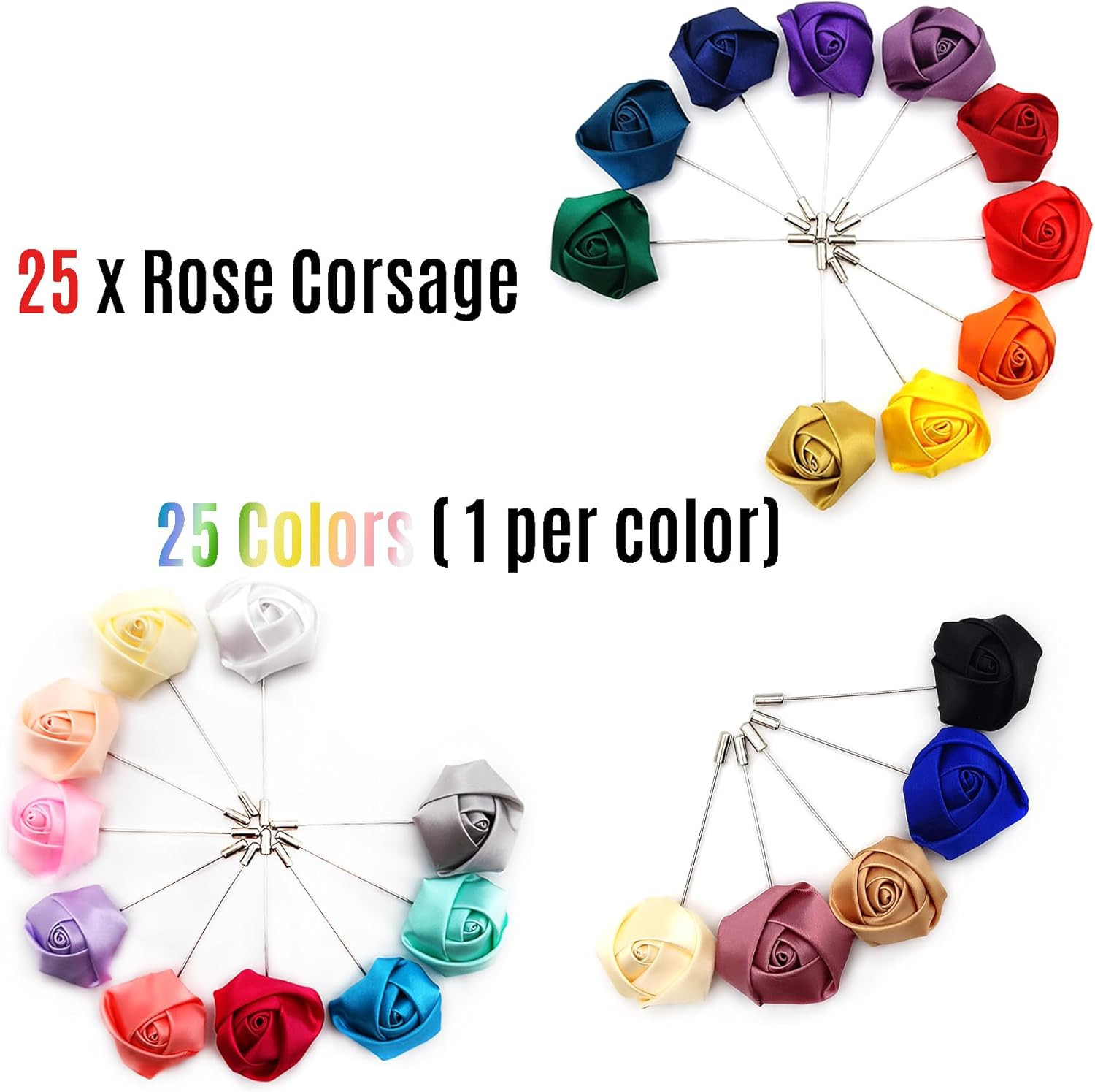 25Pcs Men’s Lapel Pins Satin Flower Boutonniere Pin Rose Flower Brooch fro Suits