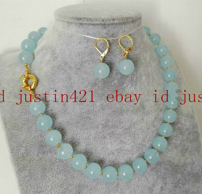 Natural 10mm Light Blue Aquamarine Round Gemstone Beads Necklace Earrings Set