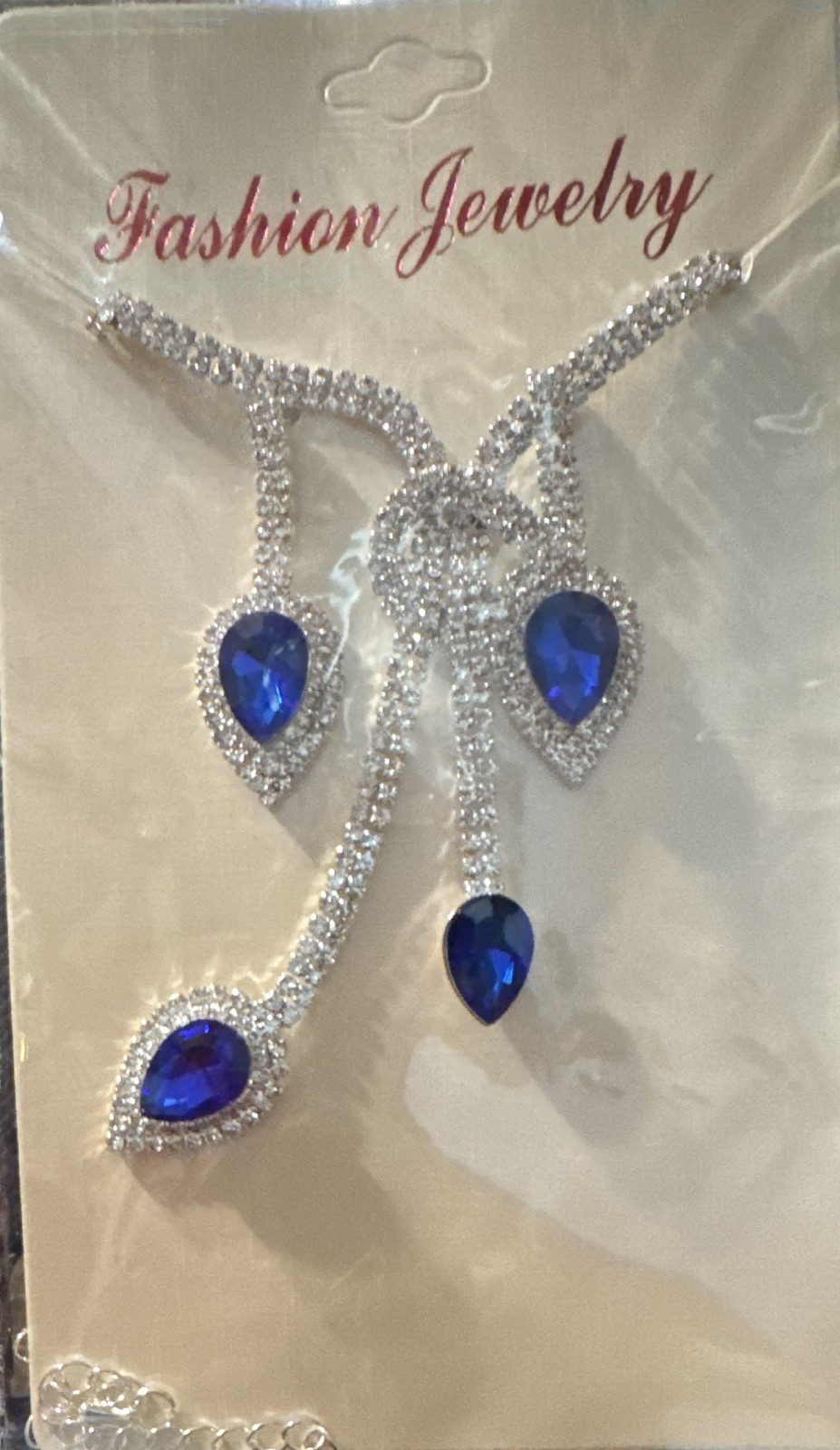 Silver Tone Blue Teardrop Crystal Rhinestone Necklace & Dangle Earrings Set