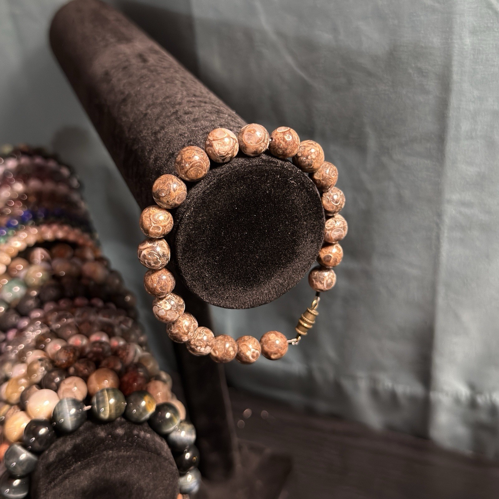 Turritella Natural Gemstone Bead Bracelet | Smooth Round 10mm