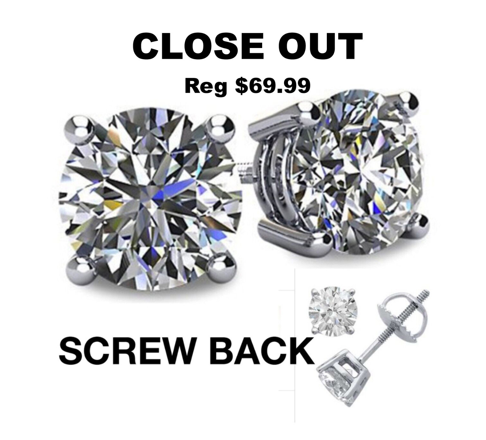 2 Ct Round Cut VVS1/ D Lab Created Stud Earrings 14K White Gold Screw Back