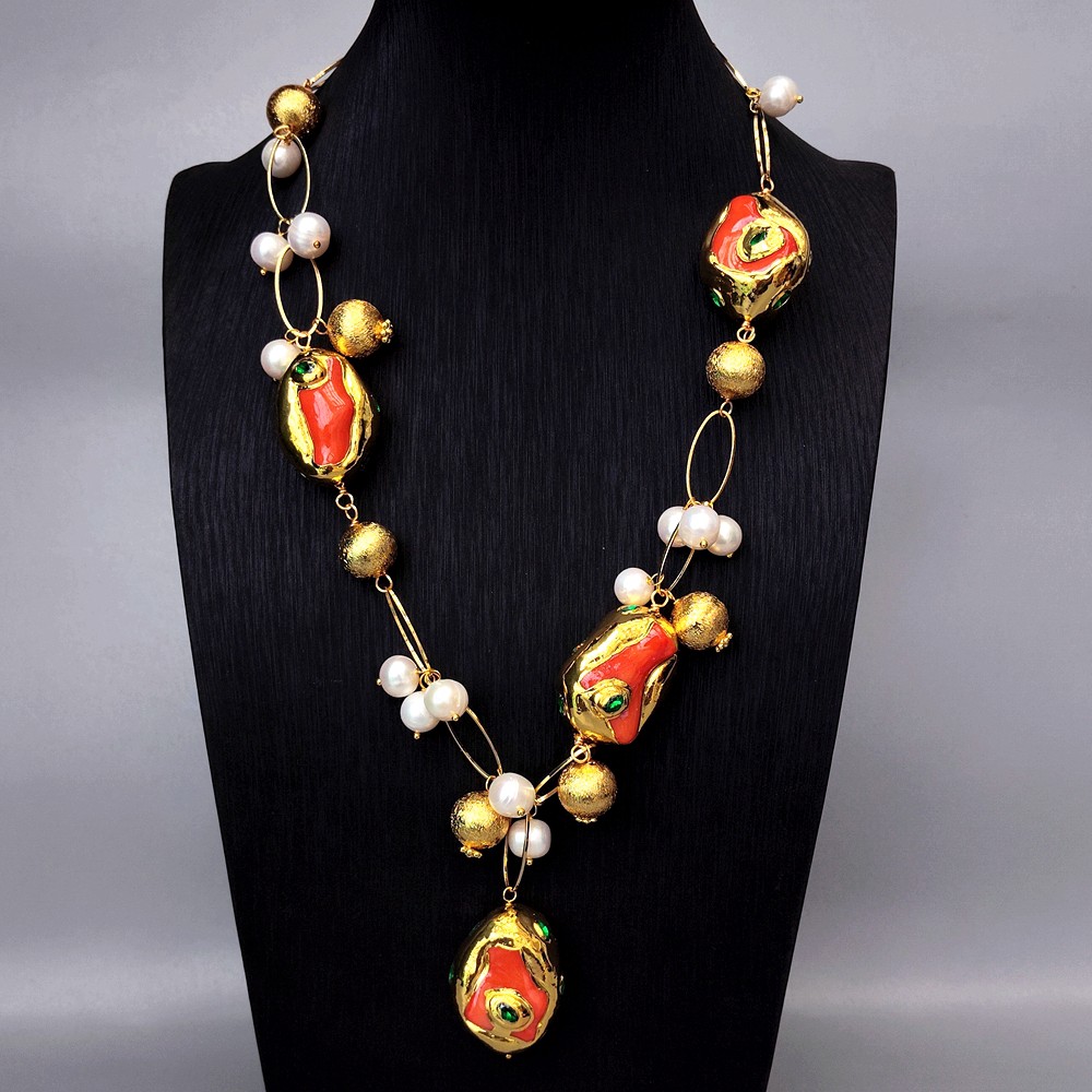 Orange Coral Cultured White Pearl Pendant Necklace Women Chain Collier Jewelry