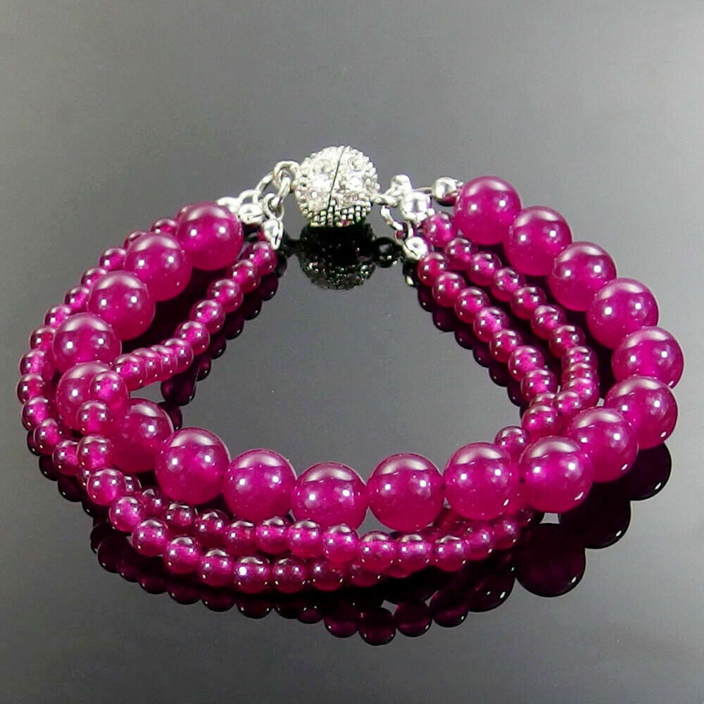 Fashion 4/10mm Rose Red Jade Round Gem Beads Bracelet 7.5″ Magnetic Crystal Ball