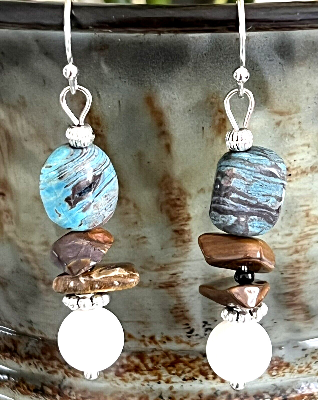 Silver, Brown & Blue Tone Stone Dangle Earrings. Ocean. Beach. Mother of Pearl.