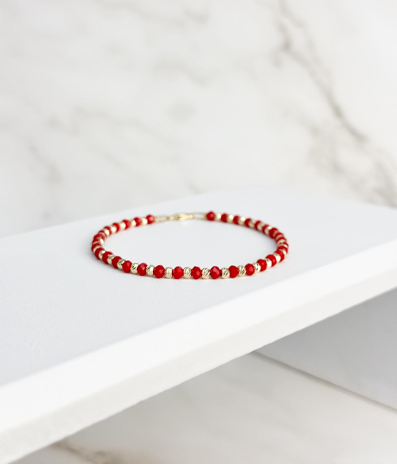 14k Solid Gold Beaded Ball Bracelet Red – 7″ Length – Gift for Women – Stylish