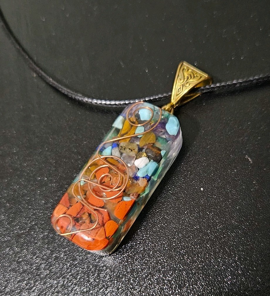 Multicolor Resin & Stone Rectangle Charm Pendant Necklace, Adjustable Cord