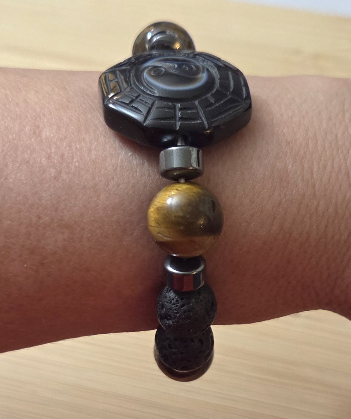 Mens bracelet with double Dzi: Dragon eye and ying yang with natural Stones.