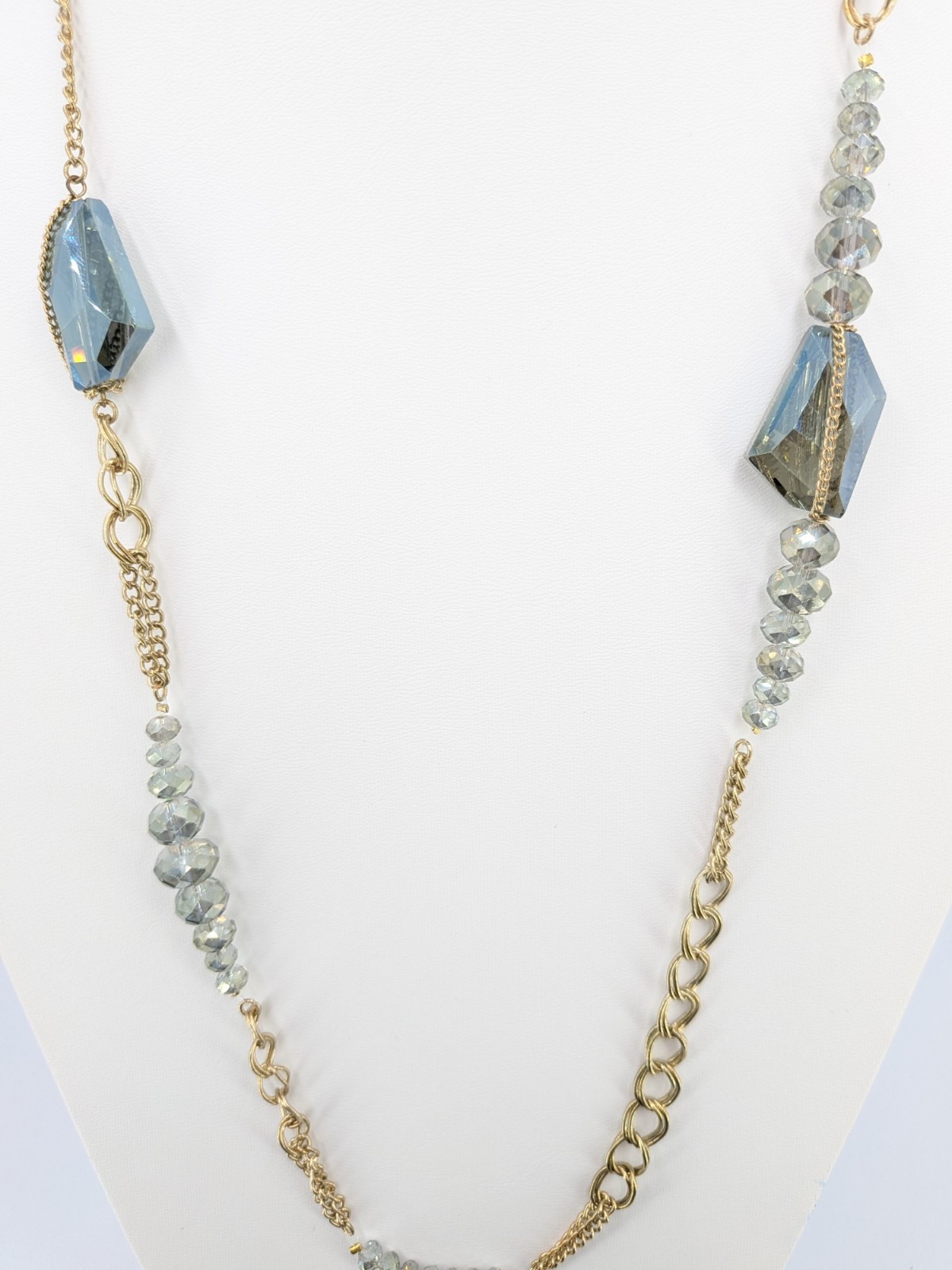 Unsigned Necklace Blue Gray Glass Beads Gold Plated Mixed Chain 35 in Long 40g