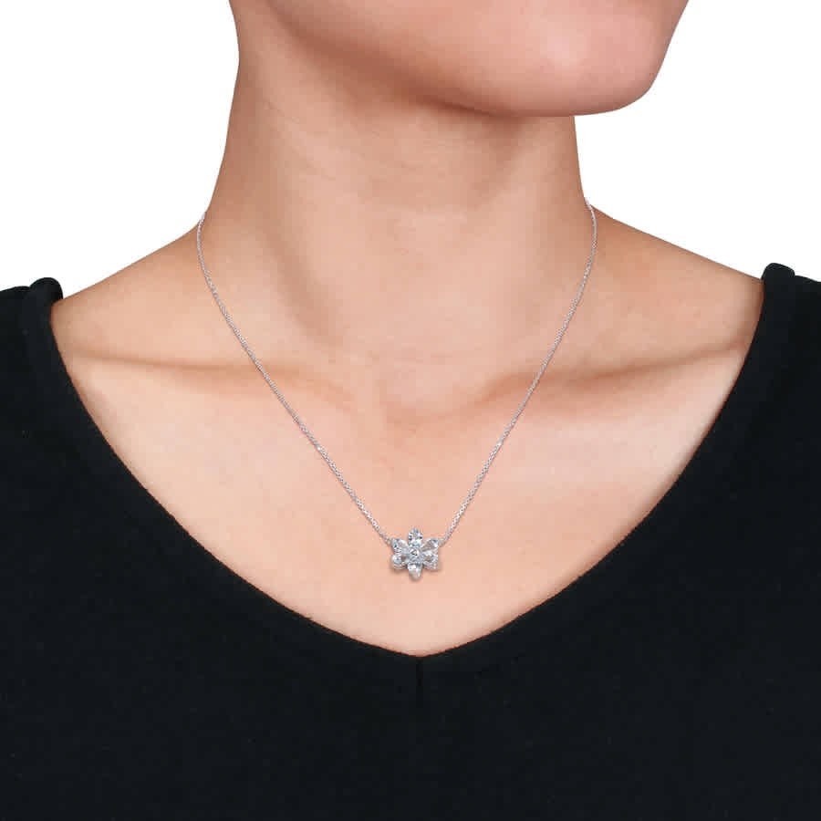 AMOUR 2 3/8 CT TGW Aquamarine and Diamond Accent Floral Pendant with Chain In