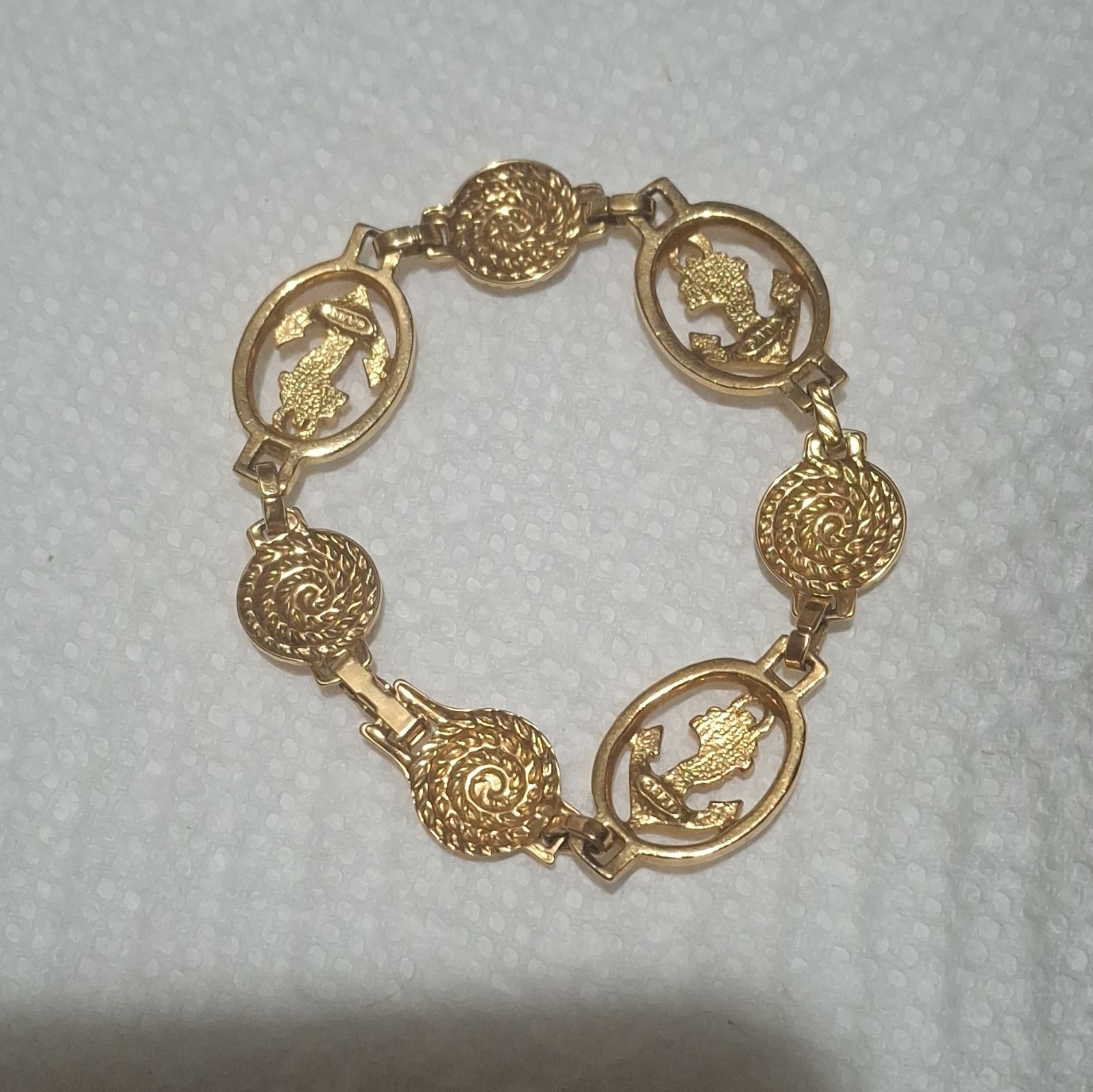 Gold Tone Nautical Charm Bracelet Anchor Ship Wheel Fold Over Closure Ap-1