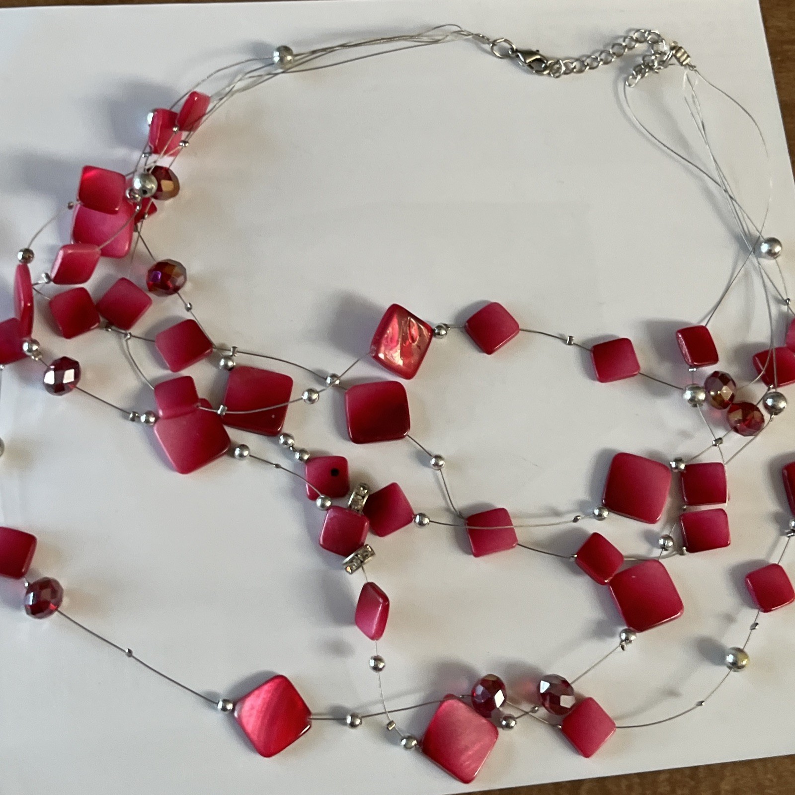 5 layers 27 inch Layered Hot Pink And Grey silver tones Beaded Necklace elegant