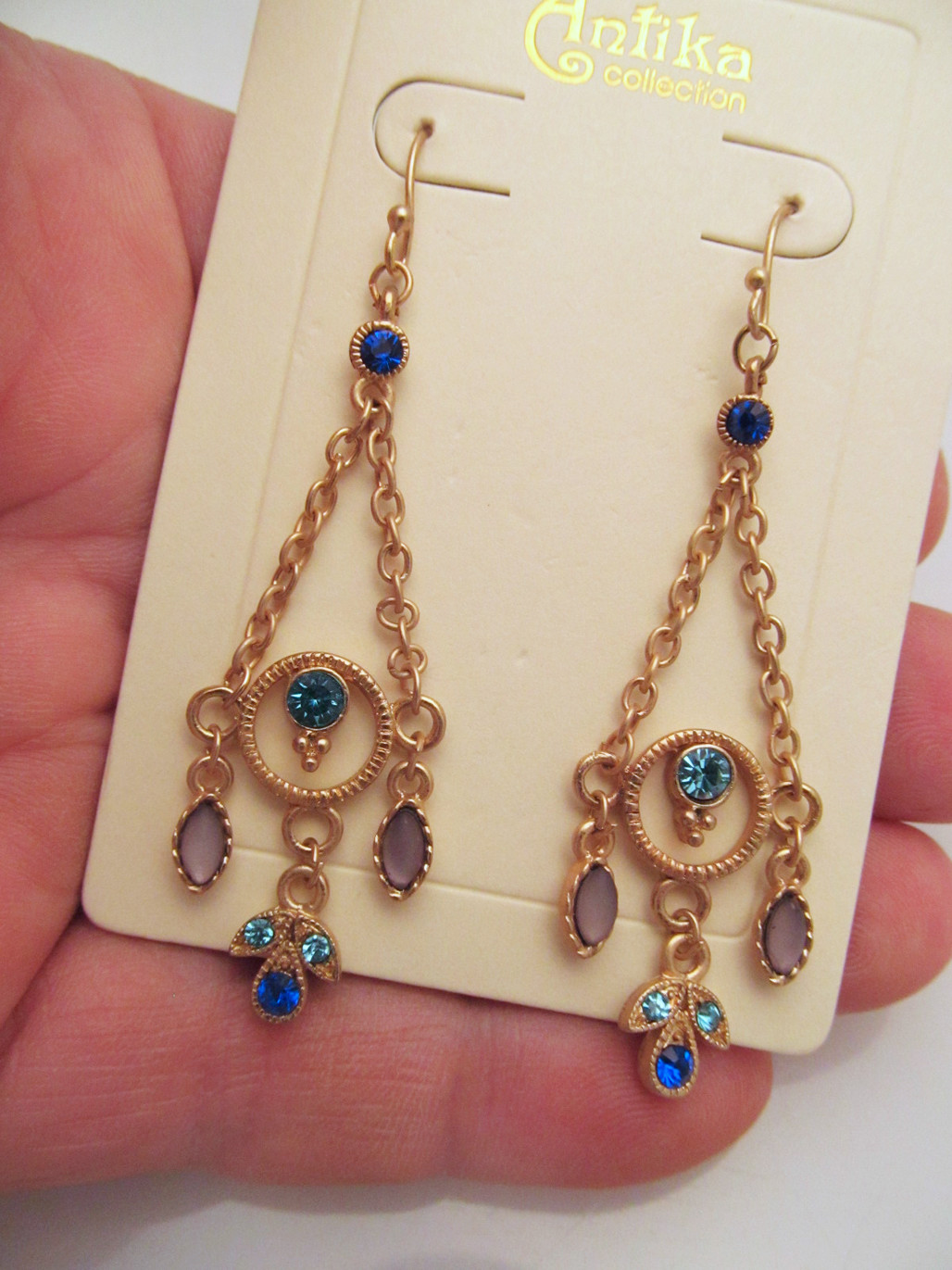 *NEW Gold Tone Chandelier Drop Pierced Earrings Blue Crystals by Antika