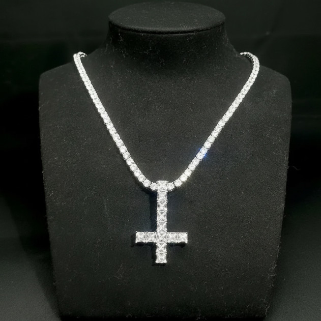 Upside Down Cross Chain Necklace Playboi Cart Opium Diamond Tennis Chain Pendant