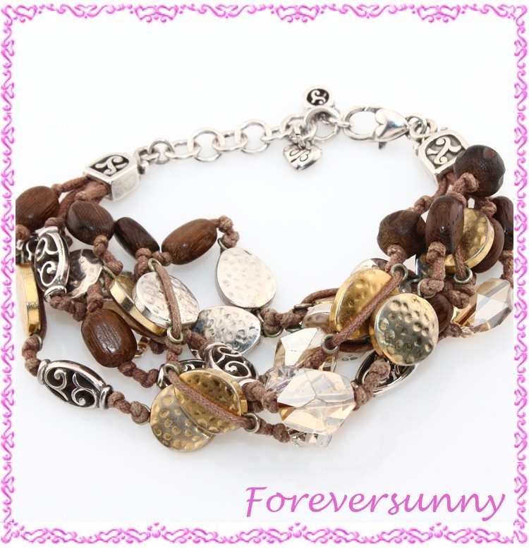 Brighton Riviera Brushed Gold Brown Multi Strand Corded SIlver Beaded Bracelet